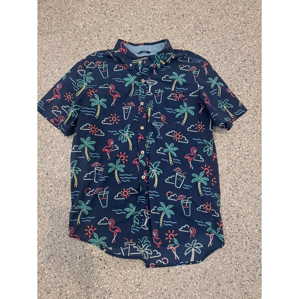 Chubbies Short Sleeve Shirt Men Size Large Blue Neon Tropical Button Up Casual
